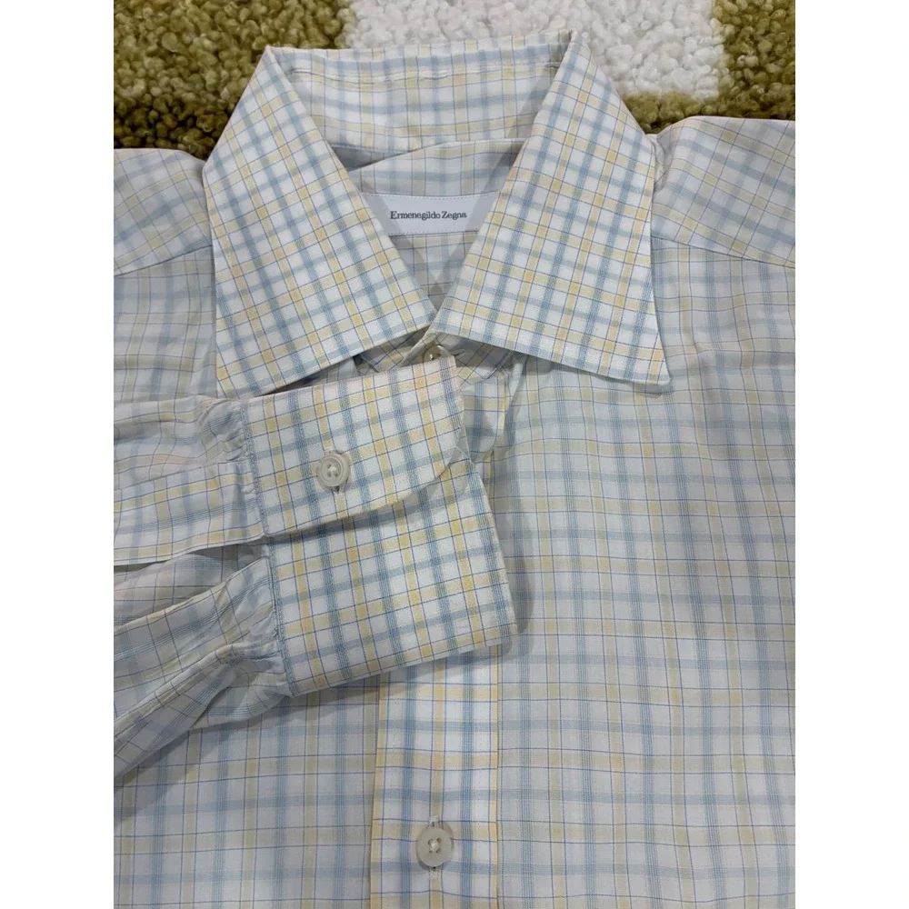 Ermenegildo Zegna Mens Plaid Button Down Shirt Blue Yellow Cotton Size 16 41